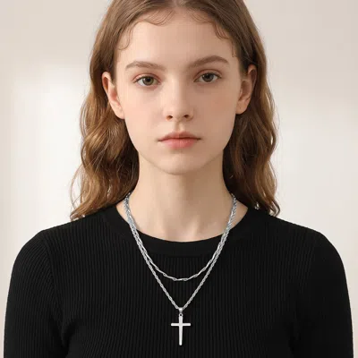 Fashnzfab Cross Pendant Twisted Rope Long Beaded Chain Layered Necklace In Metallic
