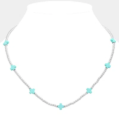 Fashnzfab Cross Pointed Metal Ball Beaded Necklace In Blue