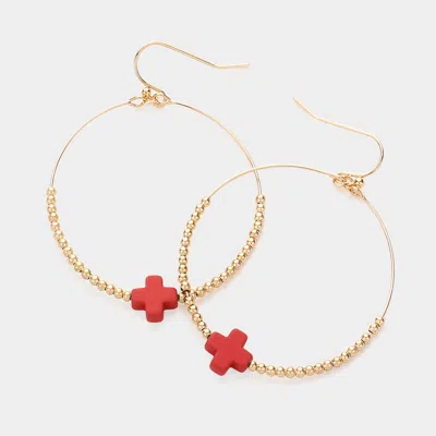 Fashnzfab Cross Pointed Metal Ball Beaded Wire Circle Dangle Earrings In Red