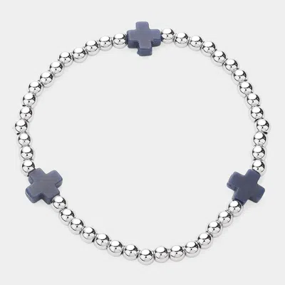 Fashnzfab Cross Pointed Stainless Steel Ball Beaded Stretch Bracelet Black, Silver In Blue