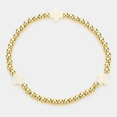 Fashnzfab Cross Pointed Stainless Steel Ball Beaded Stretch Bracelet In Gold