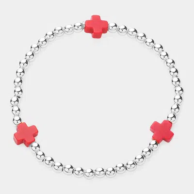 Fashnzfab Cross Pointed Stainless Steel Ball Beaded Stretch Bracelet Red, Silver In Multi