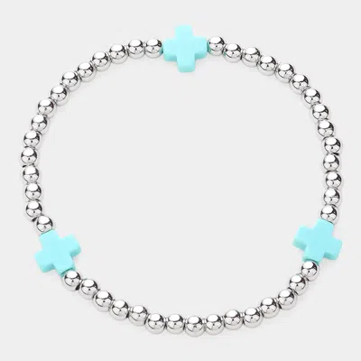 Fashnzfab Cross Pointed Stainless Steel Ball Beaded Stretch Bracelet Silver, Turquoise In Blue
