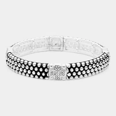 Fashnzfab Cross Stone Paved Pointed Stretch Bracelet Antique Silver, Clear In Multi