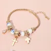 Fashnzfab Cross Teardrop Stone Beads Accented Charm Bracelet Blue, Gold In Multi