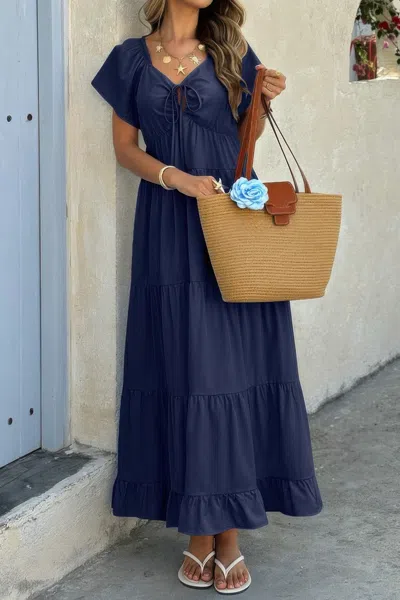 Fashnzfab Cross V Neck Knot Pockets Ruffle Hem Dress In Blue