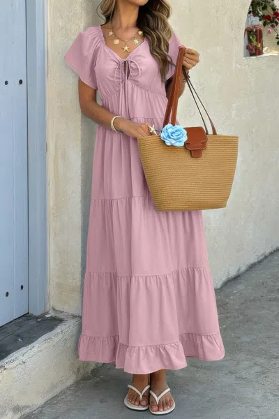 Fashnzfab Cross V Neck Knot Pockets Ruffle Hem Dress In Pink