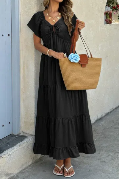 Fashnzfab Cross V Neck Knot Pockets Ruffle Hem Dress In Black