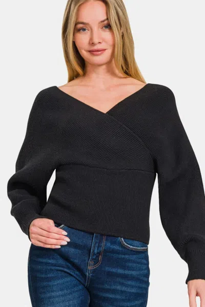 Fashnzfab Cross Wrap Rib Long Sleeve Sweater In Black