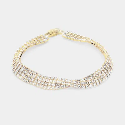 Fashnzfab Crossed 4-row Crystal Rhinestone Evening Bracelet Clear, Gold In Silver
