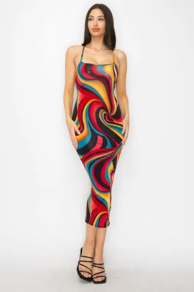 Fashnzfab Crossed Back Marble Print Multicolor Midi Dress