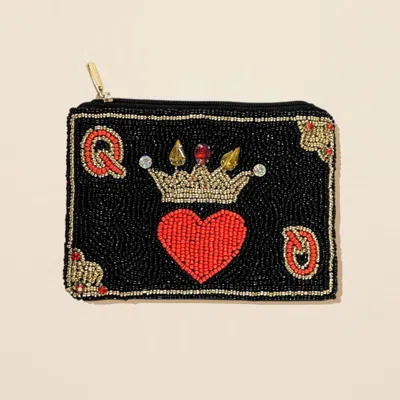 Fashnzfab Crowned Heart Seed Beaded Mini Pouch Bag In Black