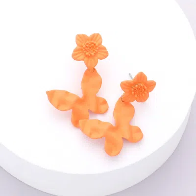 Fashnzfab Crushed Colored Metal Flower Butterfly Link Dangle Earrings In Orange