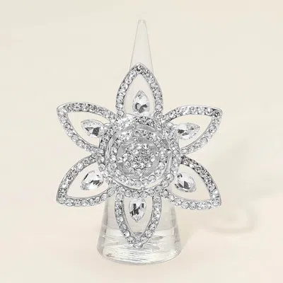 Fashnzfab Crystal Accent Floral Stretch Statement Ring In Metallic