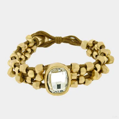 Fashnzfab Crystal Accented Abstract Metal Bead Bracelet Brown, Matte Gold In Multi