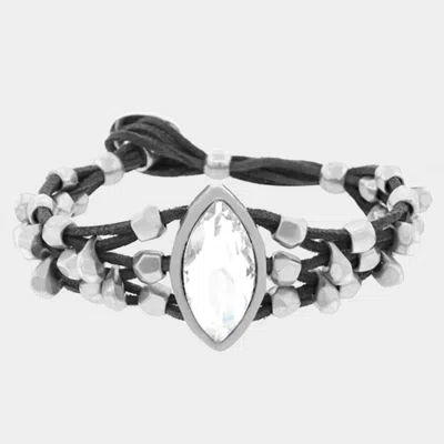 Fashnzfab Crystal Accented Chunky Metal Bead Suede Bracelet Black, Clear, Matte Silver