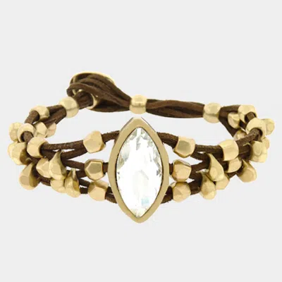 Fashnzfab Crystal Accented Chunky Metal Bead Suede Bracelet Brown, Matte Gold