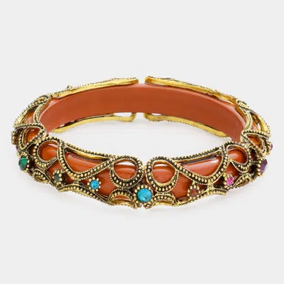 Fashnzfab Crystal Accented Metal Tube Bracelet Brown