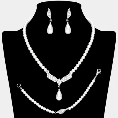 Fashnzfab Crystal Accented Pearl Necklace Jewelry Set In Gray