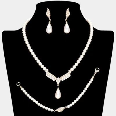 Fashnzfab Crystal Accented Pearl Necklace Jewelry Set In White