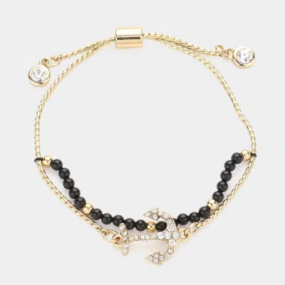 Fashnzfab Crystal Anchor Charm Layered Pull Tie Bracelet Black In Gold