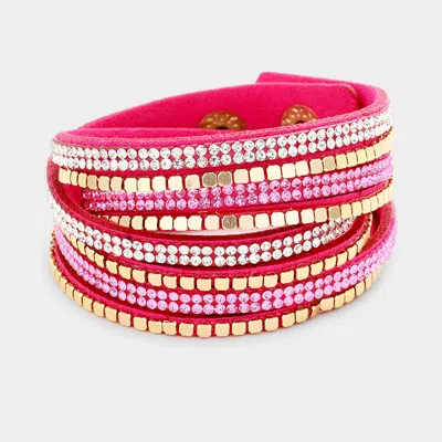 Fashnzfab Crystal & Metal Studded Faux Suede Bracelet In Pink