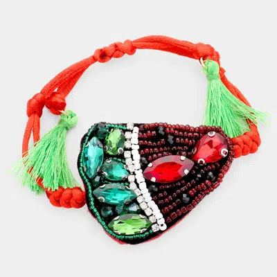 Fashnzfab Crystal Bead Cluster Strawberry Tassel Adjustable Cinch Pull Tie Bracelet Red In Green