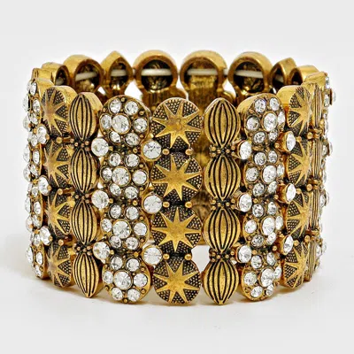 Fashnzfab Crystal Bubble Metal Bangle Stretch Bracelet Gold Burnished, Clear In Silver