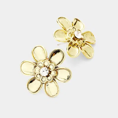 Fashnzfab Crystal Centered Metal Flower Stud Earrings - Clear, Gold Burnished