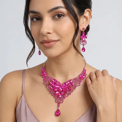 Fashnzfab Crystal Cluster Embellished Evening Necklace In Pink