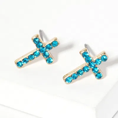 Fashnzfab Crystal Cross Stud Earrings - Blue Zircon In Multi