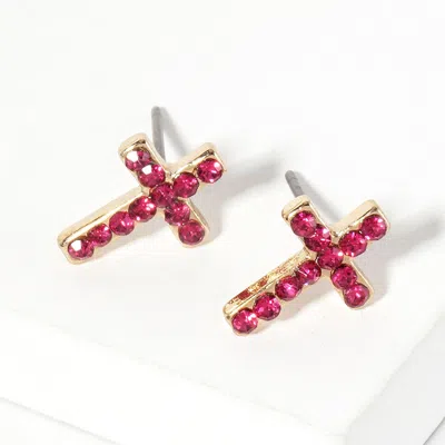 Fashnzfab Crystal Cross Stud Earrings - Fuchsia In Red