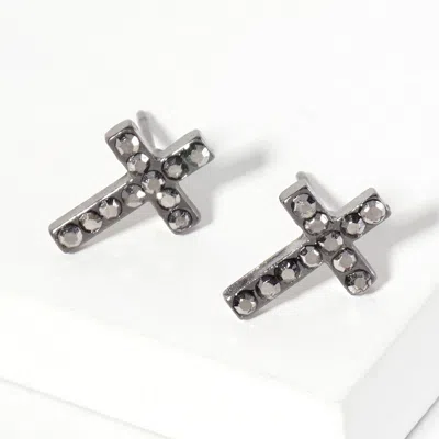 Fashnzfab Crystal Cross Stud Earrings In Black