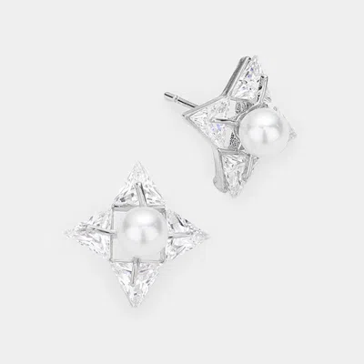 Fashnzfab Crystal Cubic Zirconia Cz Pearl Art Deco Earrings In Silver