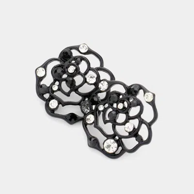 Fashnzfab Crystal Cutout Rose Stud Earrings - Black, Clear