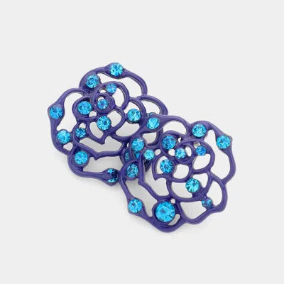 Fashnzfab Crystal Cutout Rose Stud Earrings In Blue