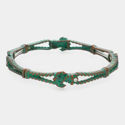 Fashnzfab Crystal Detail Embossed Metal Anchor Stretch Bracelet Patina Verdigris In Multi