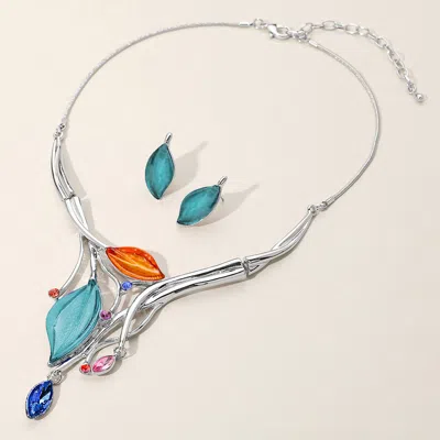 Fashnzfab Crystal Detail Enamel Leaf Necklace In Blue