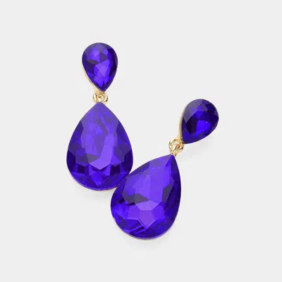 Fashnzfab Crystal Double Teardrop Evening Earrings - Gold, Sapphire In Purple