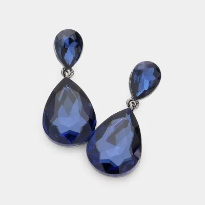 Fashnzfab Crystal Double Teardrop Evening Earrings - Montana Blue