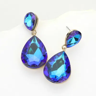 Fashnzfab Crystal Double Teardrop Evening Earrings In Blue