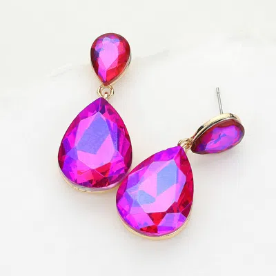 Fashnzfab Crystal Double Teardrop Evening Earrings In Pink