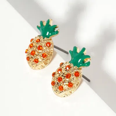 Fashnzfab Crystal Enamel Pineapple Stud Earrings - Gold, Orange