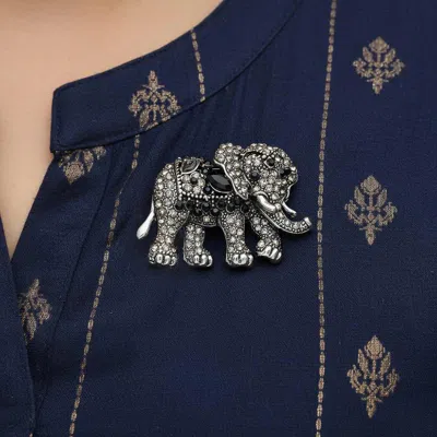Fashnzfab Crystal Floral Rhinestone Elephant Pin Brooch In Blue