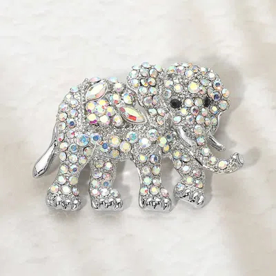 Fashnzfab Crystal Floral Rhinestone Elephant Pin Brooch In Silver