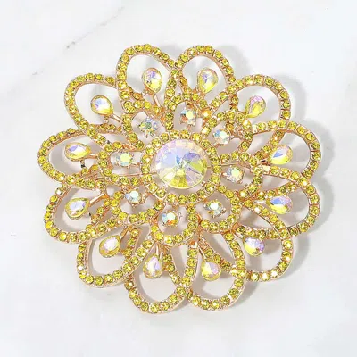 Fashnzfab Crystal Floral Statement Pin Brooch In Gold