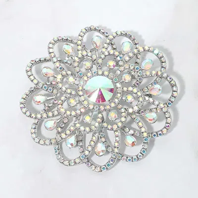 Fashnzfab Crystal Floral Statement Pin Brooch In Metallic