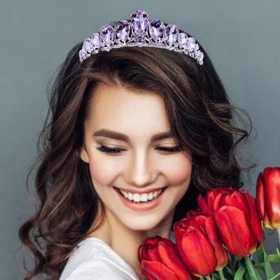 Fashnzfab Crystal Glass Teardrop Cluster Princess Tiara In Purple
