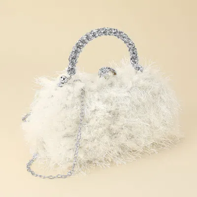 Fashnzfab Crystal Handle Feather Embellished Clutch Crossbody Evening Bag In White