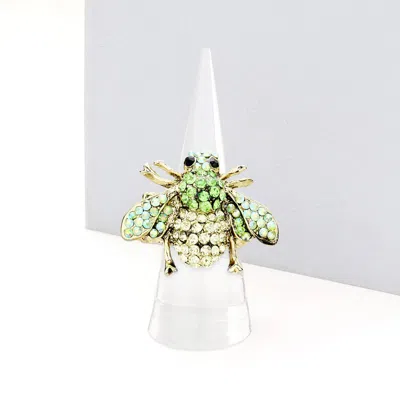 Fashnzfab Crystal Honey Bee Stretch Ring In Green